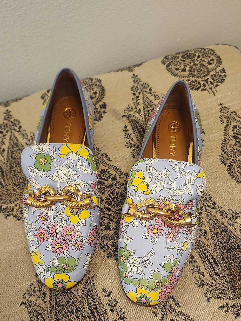 Tory Burch Pastel Floral Leather Chain-Trim Loafers